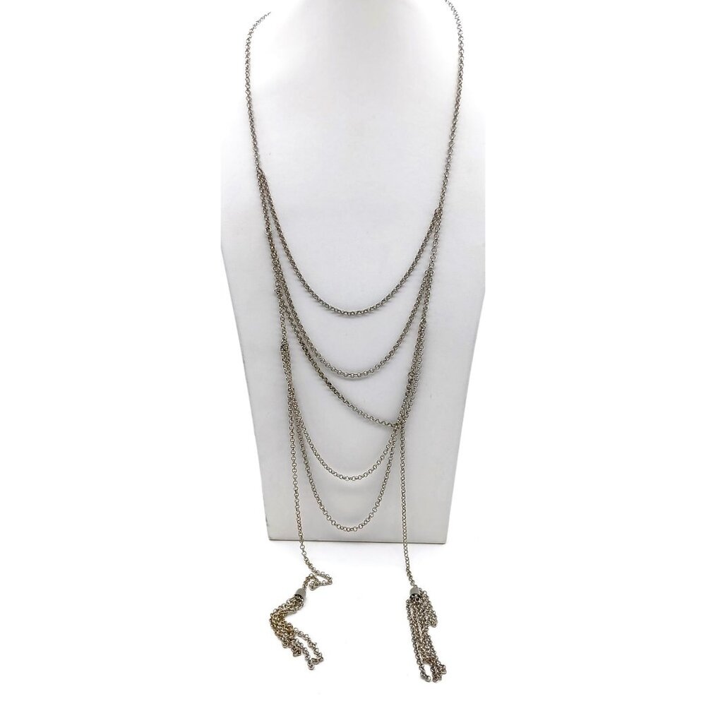 Vintage Long Silver Multi Layer Chain Necklace with Double Tassel Ends
